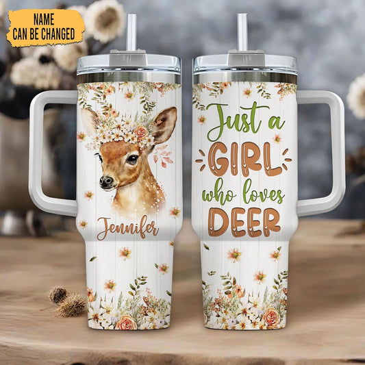 Woodland Deer 40oz Tumbler with Handle & Straw – Personalized Stainless Steel Insulated Travel Cup with Lid – Creative Gift for Nature Lovers