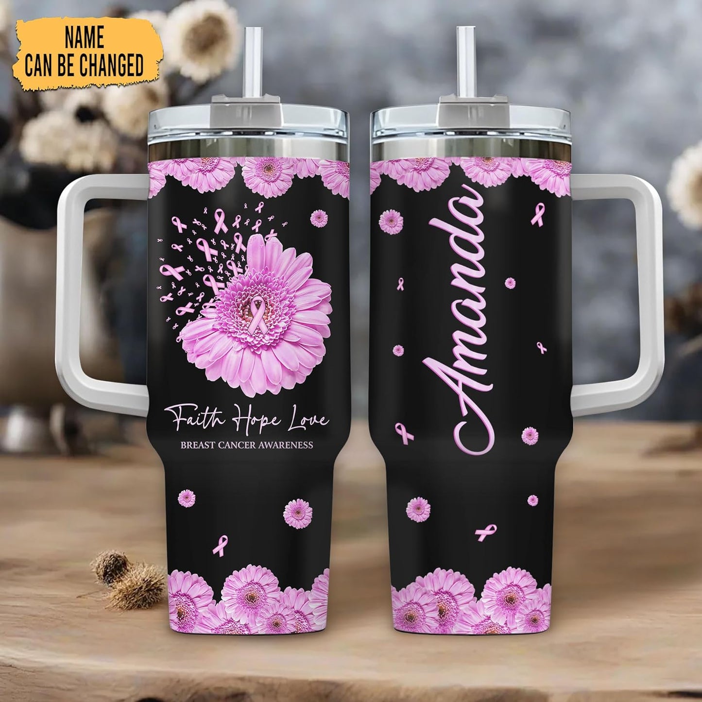 Pink Ribbon Flower Tumbler 40oz – Personalized Stainless Steel Insulated Cup with Handle & Straw – Supportive Gift for Breast Cancer Awareness