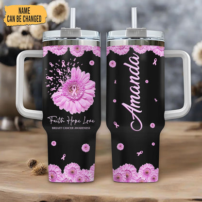 Pink Ribbon Flower Tumbler 40oz – Personalized Stainless Steel Insulated Cup with Handle & Straw – Supportive Gift for Breast Cancer Awareness