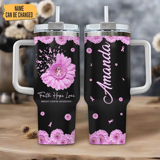 Pink Ribbon Flower Tumbler 40oz – Personalized Stainless Steel Insulated Cup with Handle & Straw – Supportive Gift for Breast Cancer Awareness