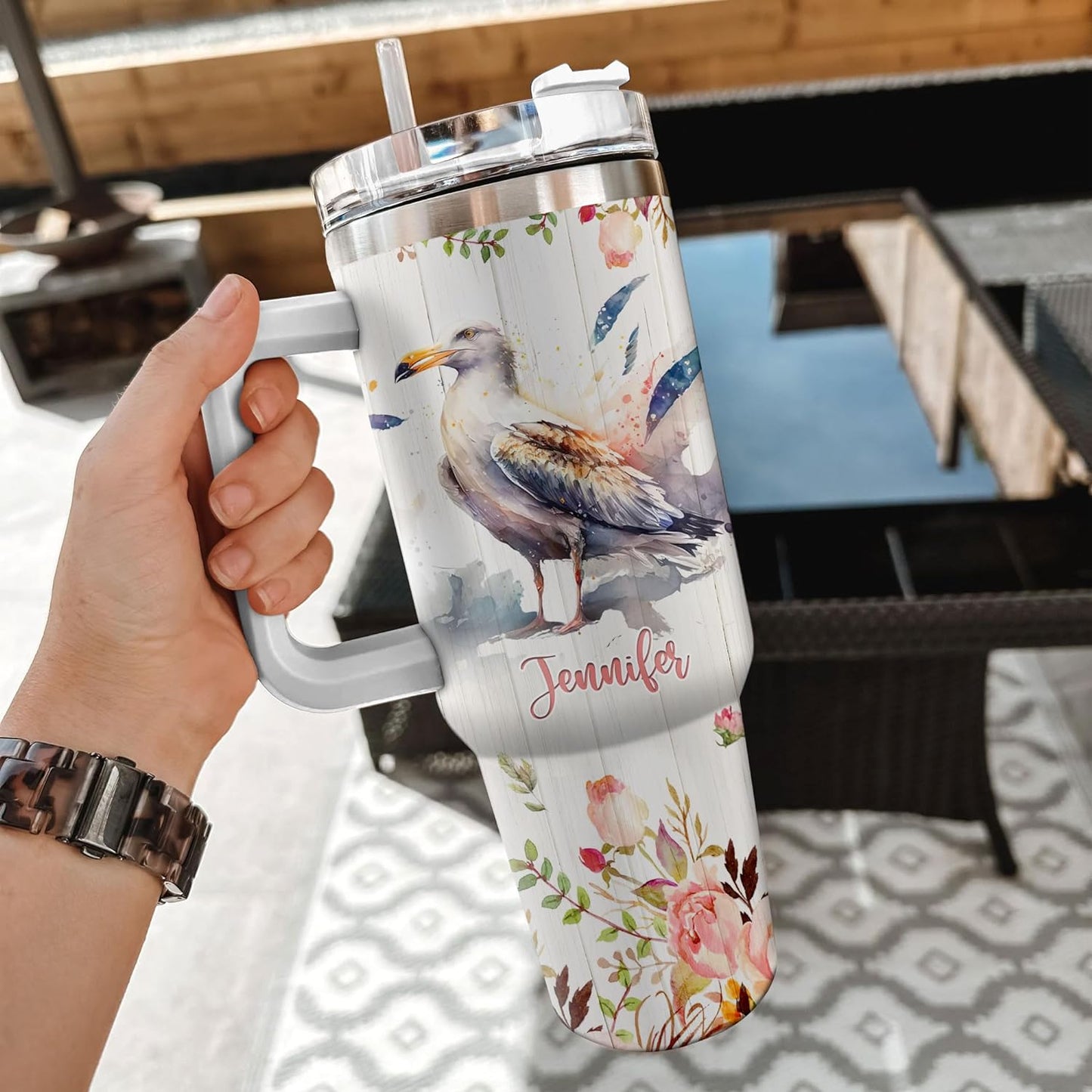 Seagull Lover Tumbler 40oz with Handle & Straw – Personalized Stainless Steel Travel Cup with Lid – Unique Gift for Bird Lovers