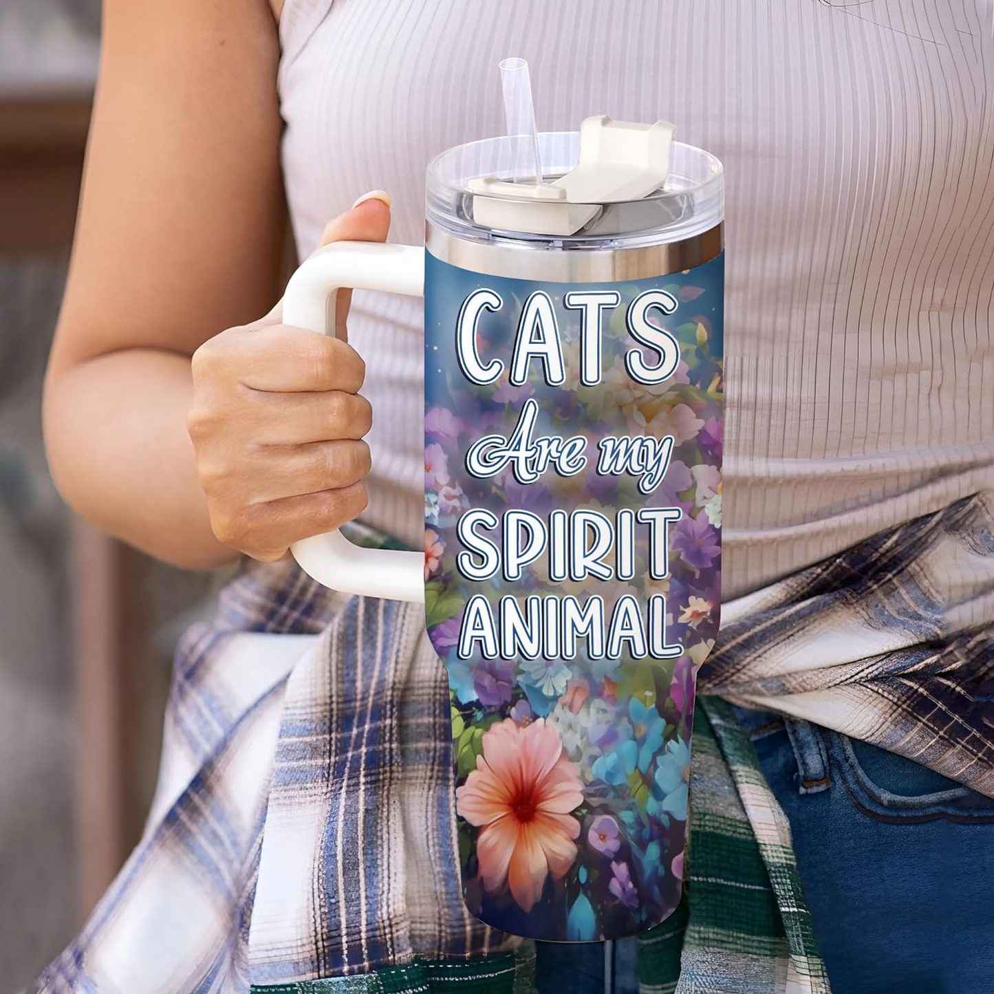 Cat Lover Tumbler 40oz with Handle & Straw – Personalized Stainless Steel Insulated Cup with Lid – Cute Birthday & Christmas Gift for Women & Girls