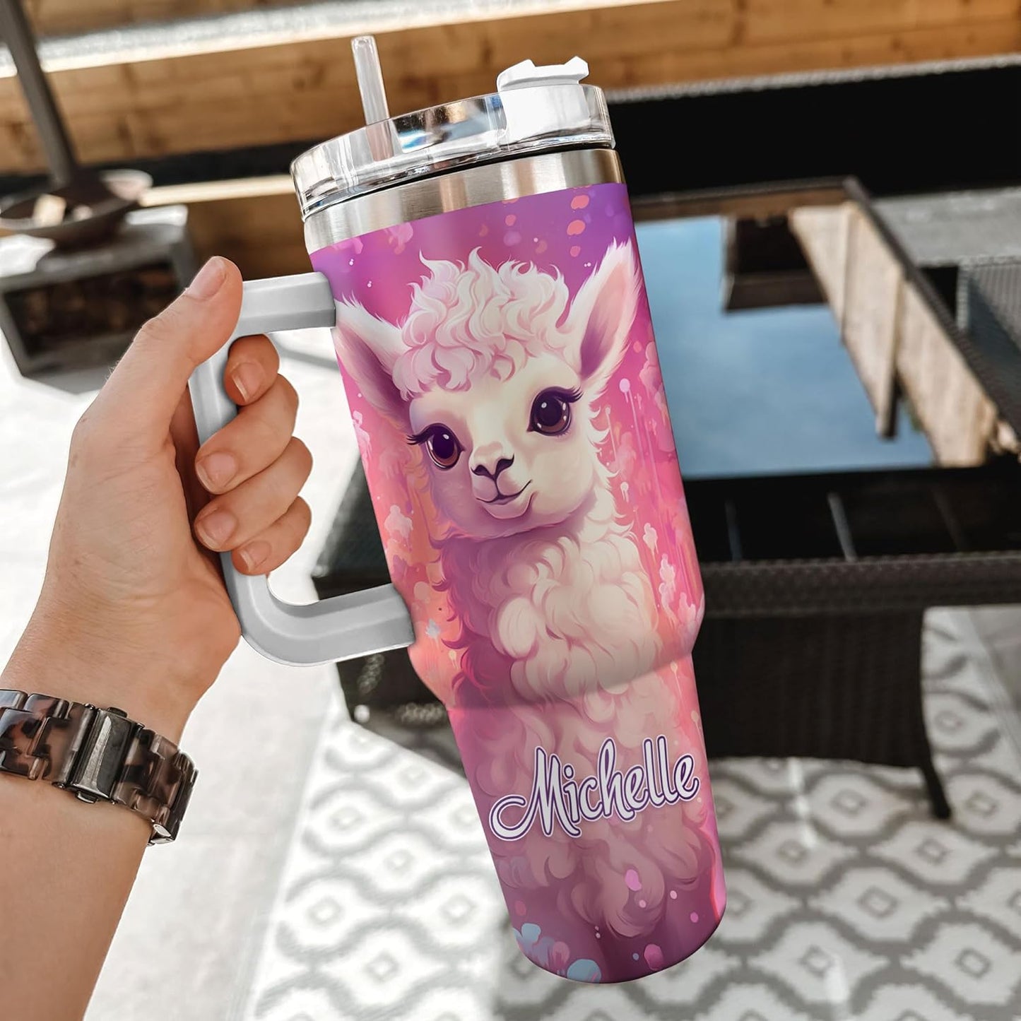 Llama Lover Tumbler 40oz with Handle & Straw – Personalized Stainless Steel Insulated Cup with Lid – Unique Birthday & Christmas Gift for Animal Lovers