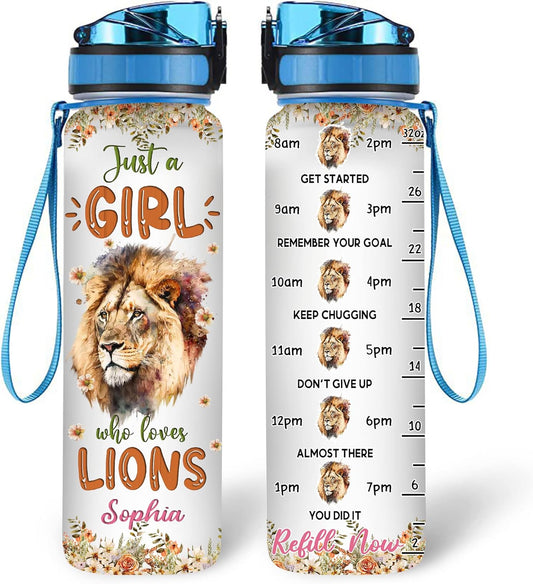 Lion Lovers Water Bottle Tracker 32oz – Personalized Motivational Bottle with Time Marker – Bold Gift for Animal Lovers