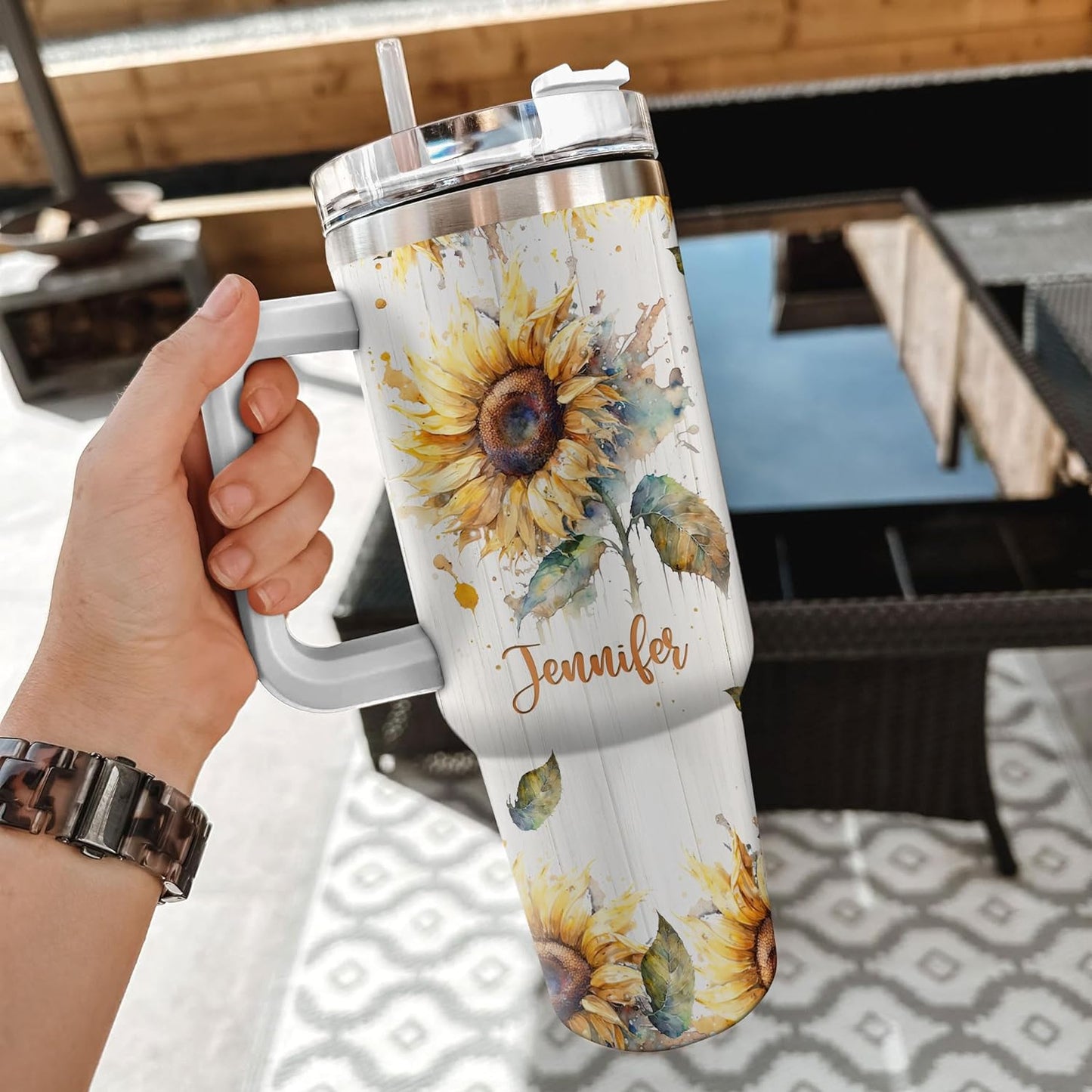 Watercolor Sunflower 40oz Tumbler with Handle & Straw – Personalized Stainless Steel Insulated Travel Cup with Lid – Stylish Floral Gift for Women