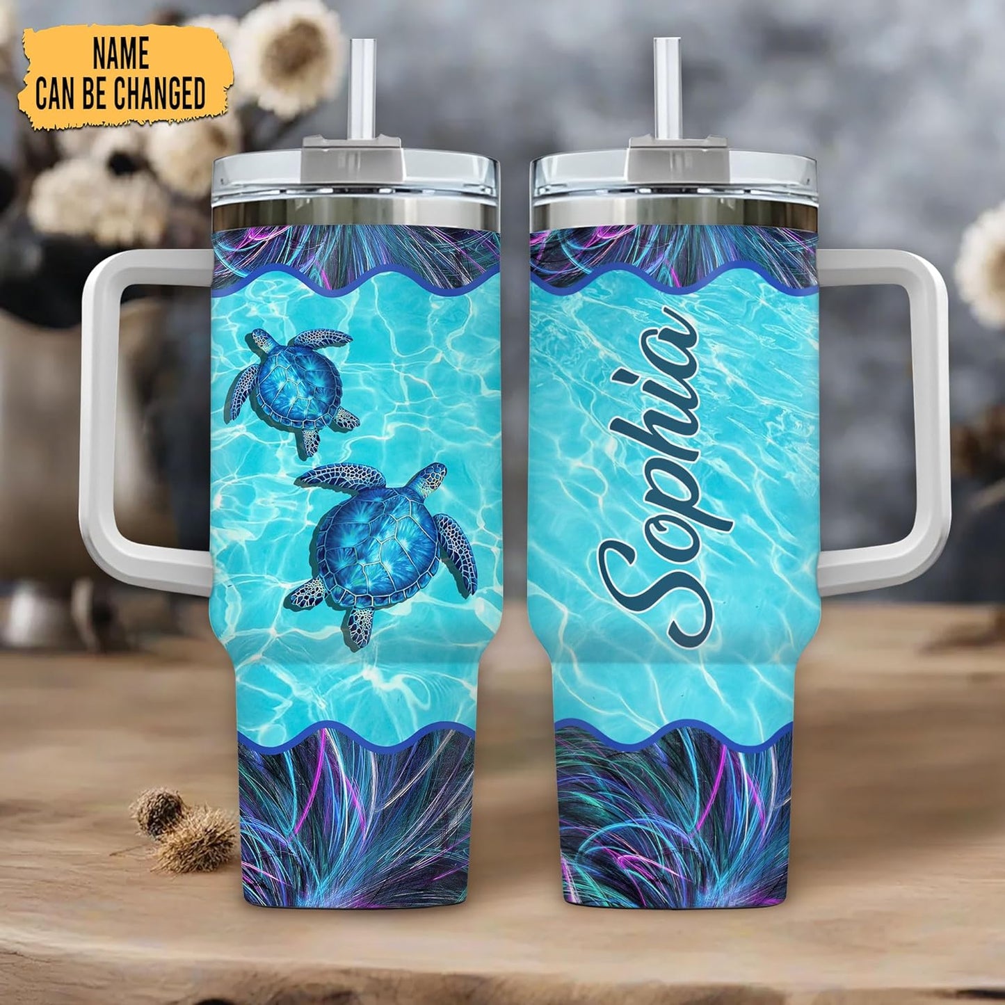 Sea Turtle Ocean Tumbler 40oz with Handle & Straw – Personalized Stainless Steel Insulated Cup with Lid – Stylish Gift for Turtle Lovers