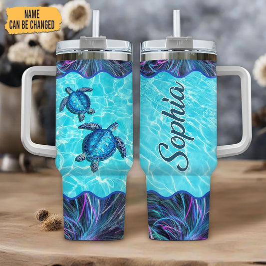 Sea Turtle Ocean Tumbler 40oz with Handle & Straw – Personalized Stainless Steel Insulated Cup with Lid – Stylish Gift for Turtle Lovers