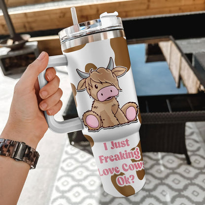 Cute Highland Cow Cartoon Tumbler 40oz with Handle & Straw – Personalized Stainless Steel Travel Cup with Lid – Unique Gift for Cow Lovers
