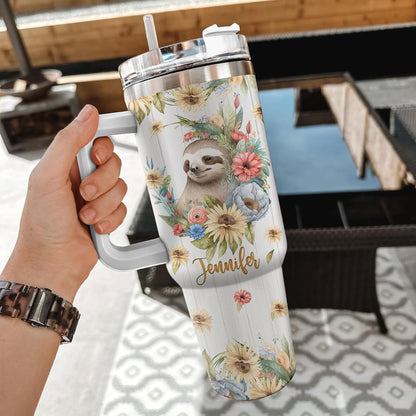 Sloth Floral Tumbler 40oz – Personalized Stainless Steel Insulated Cup with Handle & Straw – Unique Gift for Sloth Lovers