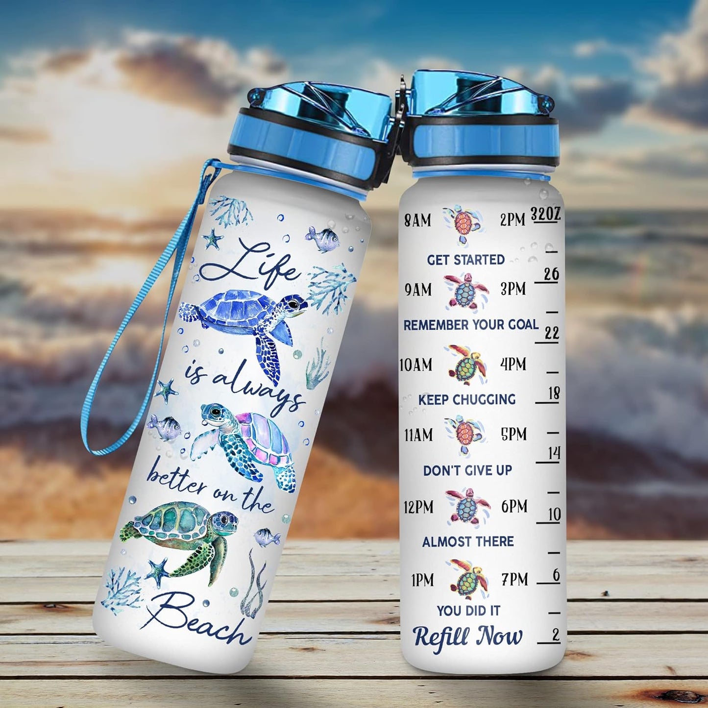 Sea Turtle Beach Water Bottle Tracker 32oz – Personalized BPA-Free Motivational Bottle with Time Marker – Ocean Lover Gift for Women & Girls