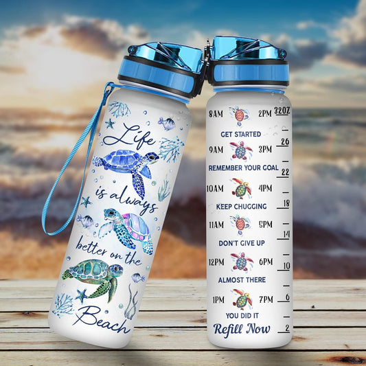 Sea Turtle Beach Water Bottle Tracker 32oz – Personalized BPA-Free Motivational Bottle with Time Marker – Ocean Lover Gift for Women & Girls