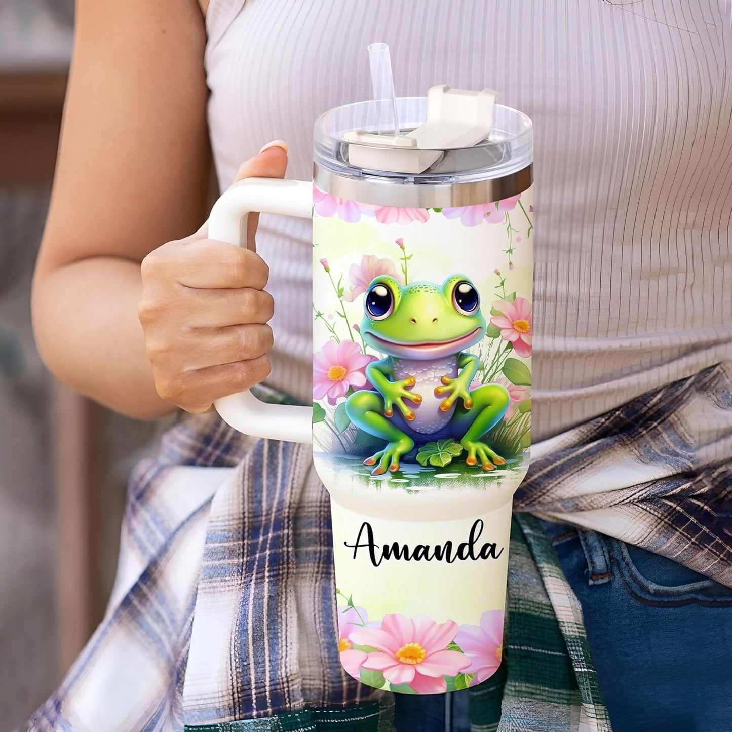 Frog Spirit Animal Tumbler 40oz – Personalized Stainless Steel Insulated Travel Cup with Handle & Straw – Unique Gift for Frog Lovers