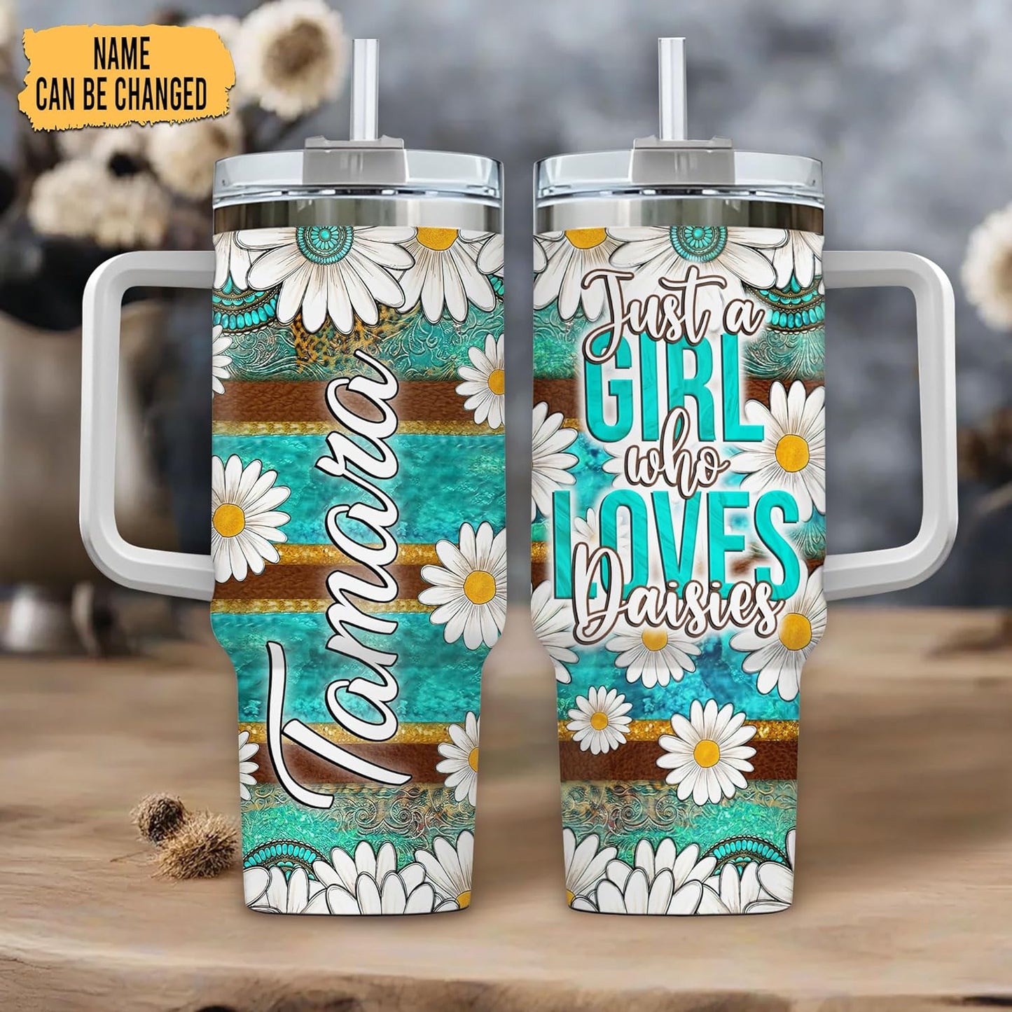 Rustic Daisy Tumbler 40oz with Handle & Straw – Personalized Stainless Steel Insulated Travel Cup with Lid – Unique Floral Gift for Women & Girls