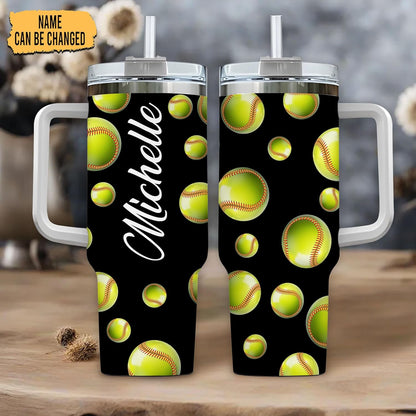 Softball Lover Tumbler 40oz with Handle & Straw – Personalized Stainless Steel Travel Cup with Lid – Unique Gift for Players & Coaches