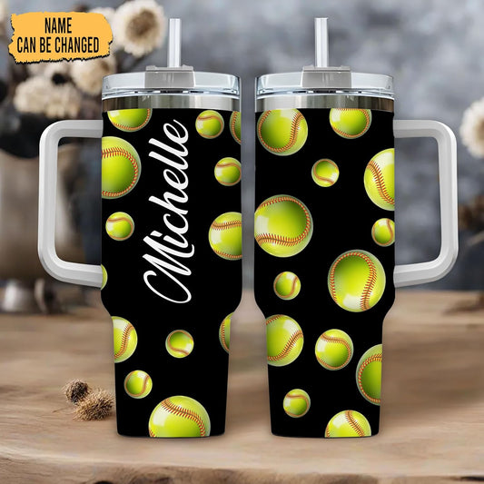Softball Lover Tumbler 40oz with Handle & Straw – Personalized Stainless Steel Travel Cup with Lid – Unique Gift for Players & Coaches