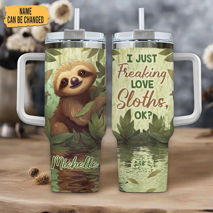 Sloth Jungle Theme Tumbler 40oz with Handle & Straw – Personalized Stainless Steel Insulated Cup with Lid – Fun Gift for Sloth Lovers