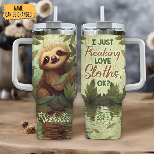 Sloth Jungle Theme Tumbler 40oz with Handle & Straw – Personalized Stainless Steel Insulated Cup with Lid – Fun Gift for Sloth Lovers