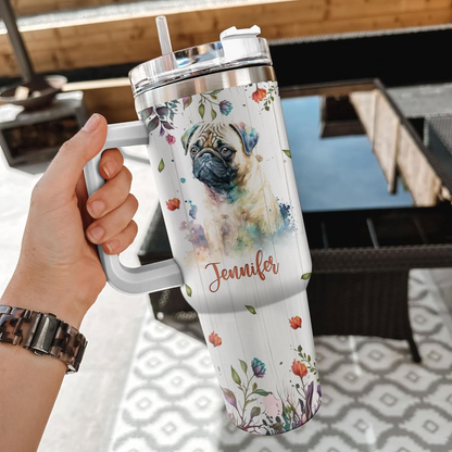 Cute Pug Lover Tumbler 40oz with Handle & Straw – Personalized Stainless Steel Travel Cup with Lid – Gift for Dog Lovers