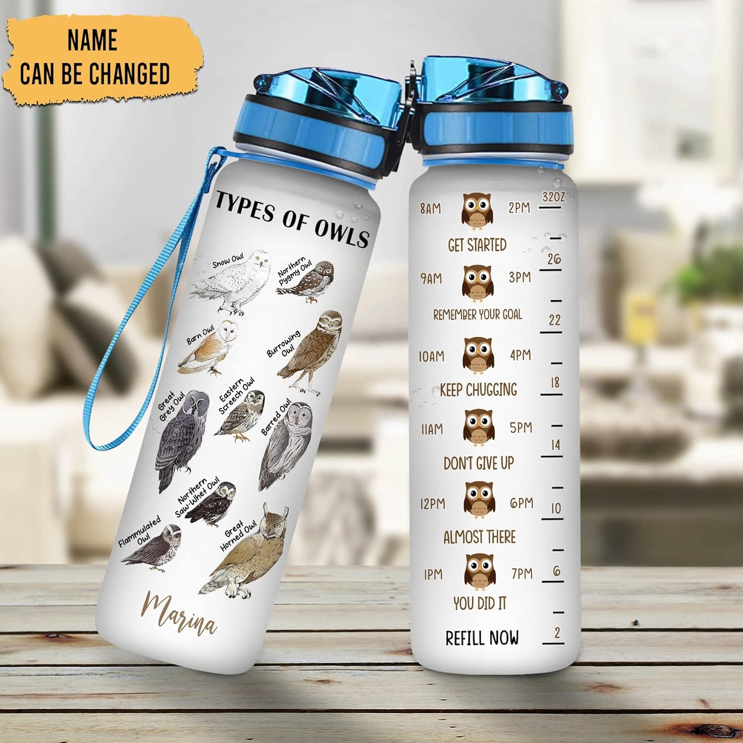 Owl Lovers Water Bottle Tracker 32oz – Personalized Motivational Bottle with Time Marker – Unique Gift for Bird Enthusiasts