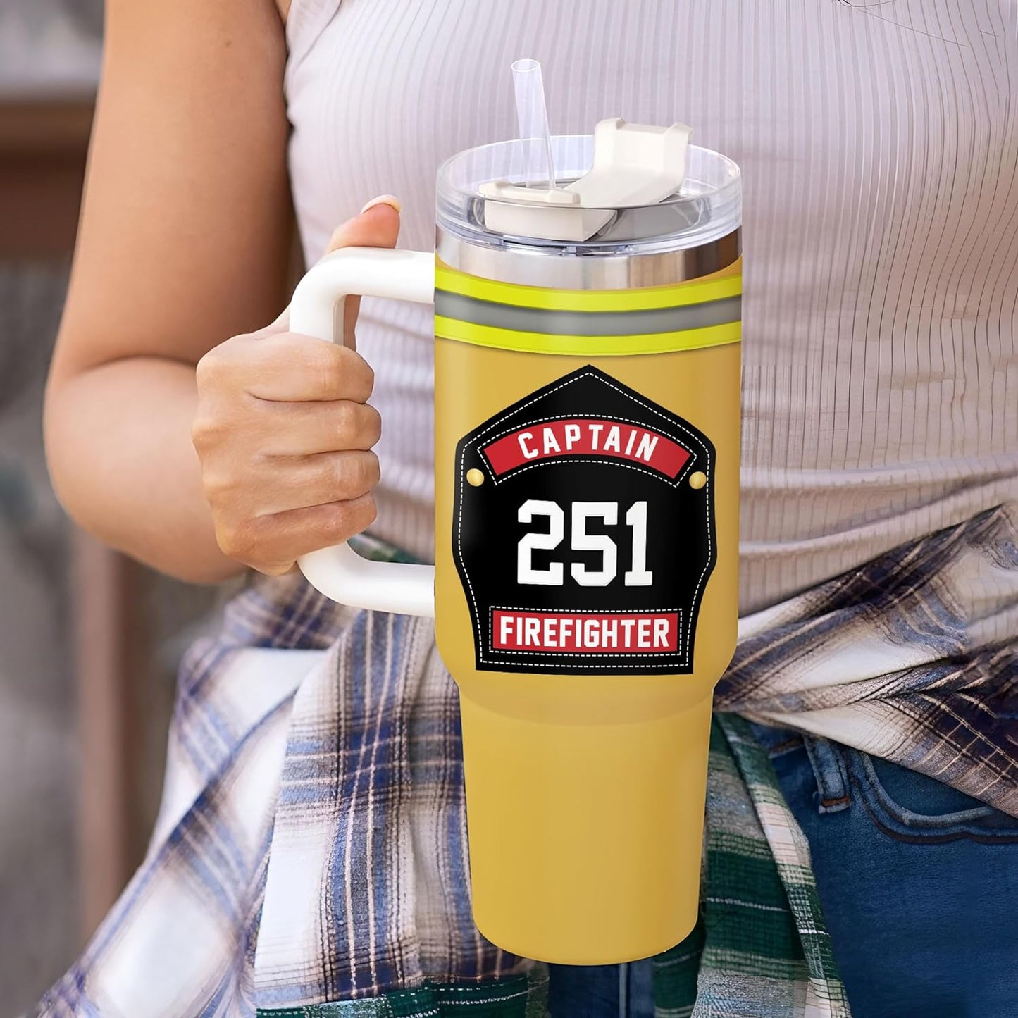 Firefighter Captain Tumbler 40oz with Handle & Straw – Personalized Stainless Steel Insulated Travel Cup with Lid – Unique Gift for Firemen & Heroes