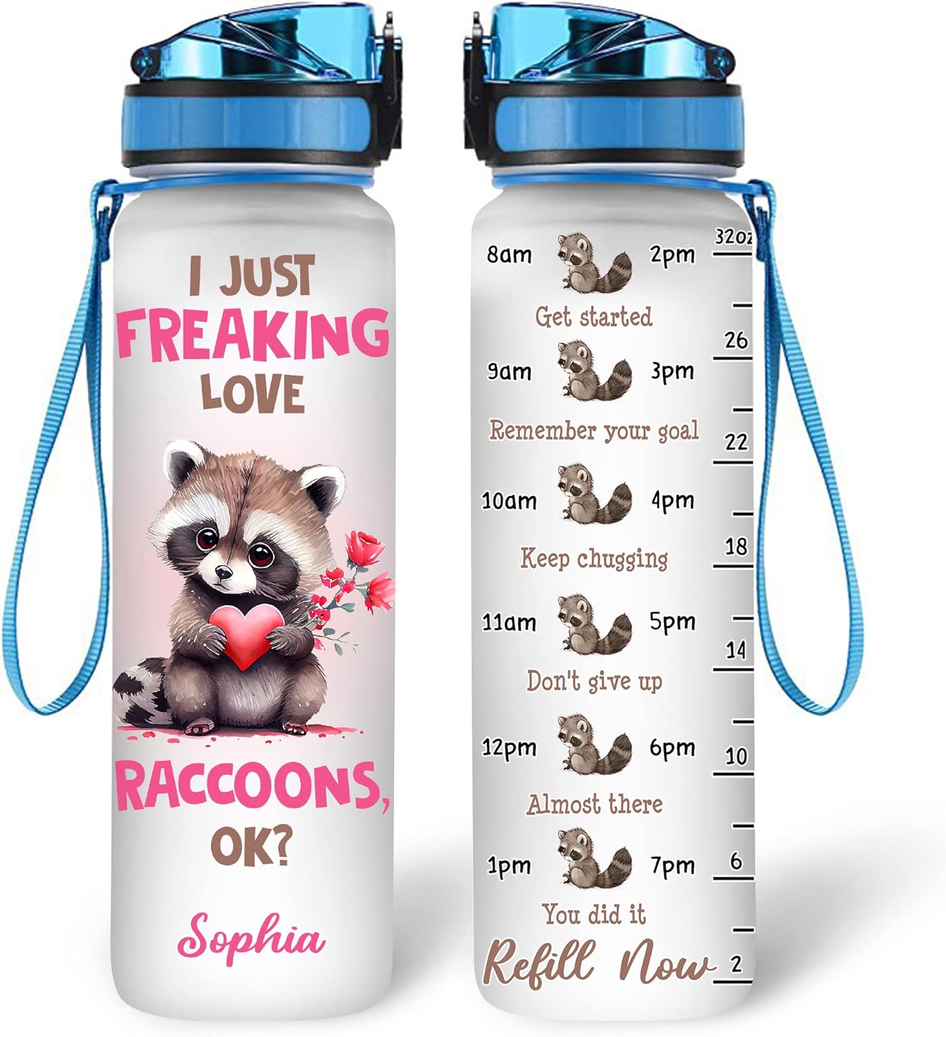 Cute Raccoon Love Water Bottle Tracker 32oz – Personalized Motivational Water Bottle with Time Marker – Fun Gift for Animal Lovers