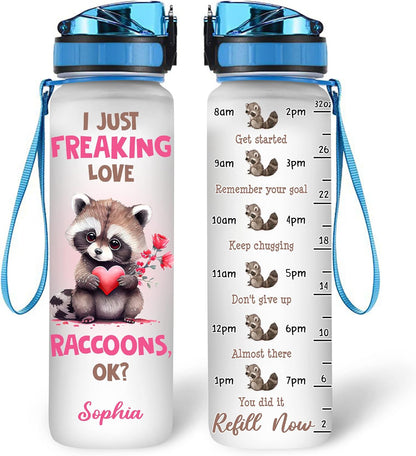 Cute Raccoon Love Water Bottle Tracker 32oz – Personalized Motivational Water Bottle with Time Marker – Fun Gift for Animal Lovers