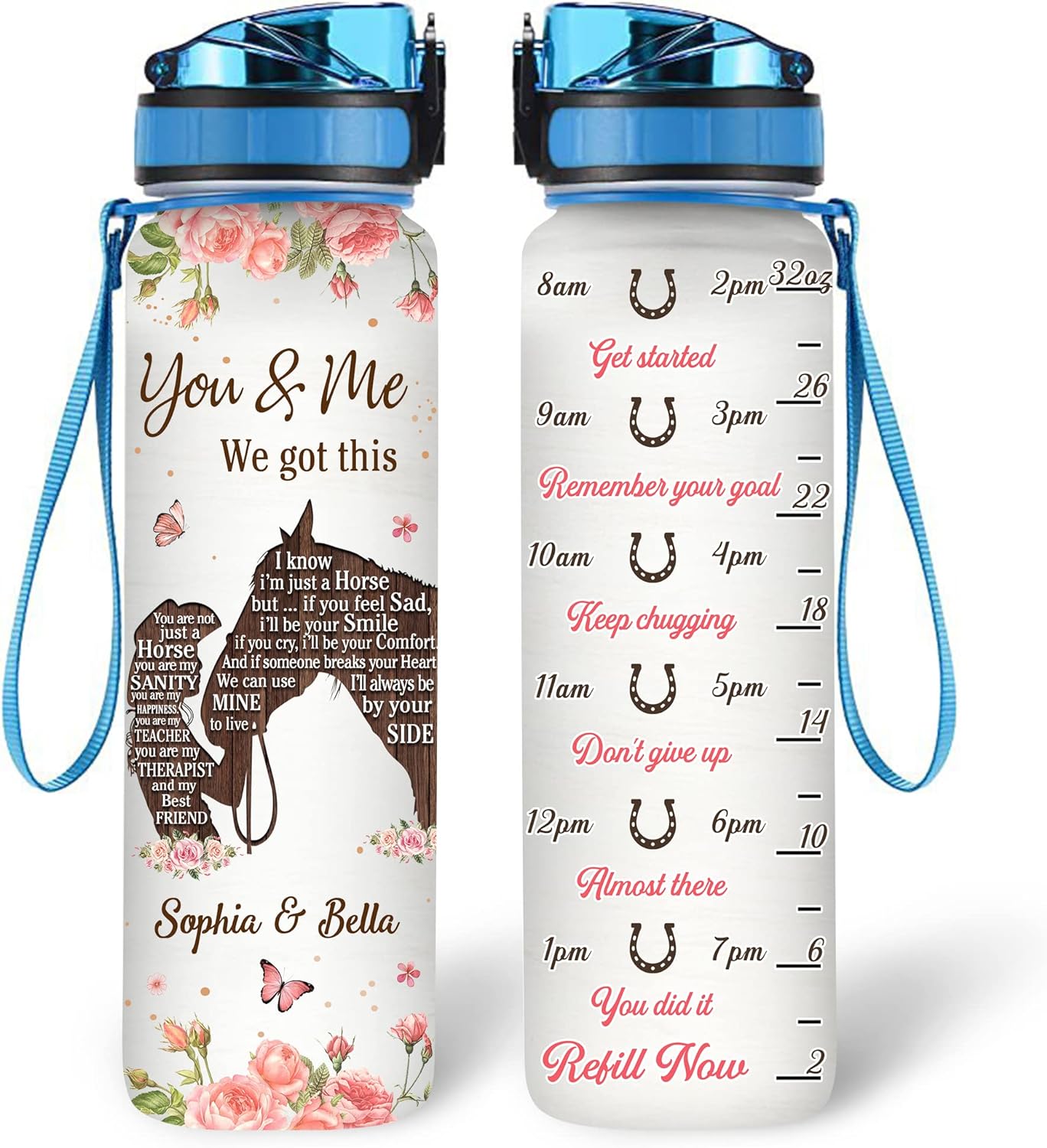 Horse Lovers “You & Me We Got This” Water Bottle Tracker 32oz – Personalized Motivational Bottle with Time Marker – Romantic Gift
