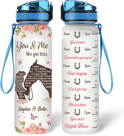 Horse Lovers “You & Me We Got This” Water Bottle Tracker 32oz – Personalized Motivational Bottle with Time Marker – Romantic Gift