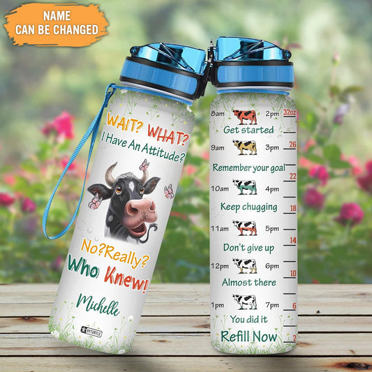 Funny Cow Attitude Water Bottle Tracker 32oz – Personalized Motivational Bottle with Time Marker – Unique Gift for Cow Lovers & Farmers
