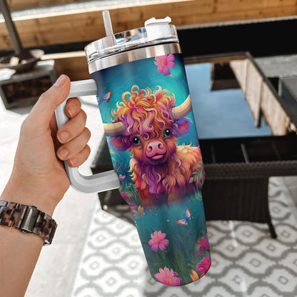 Highland Cow Floral Tumbler 40oz with Handle & Straw – Personalized Stainless Steel Insulated Cup with Lid – Creative Gift for Animal Lovers