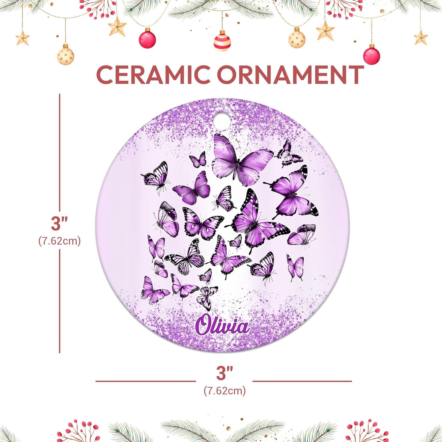 Purple Butterflies Swirl Ceramic Ornament – Personalized Custom Name Two-Sided Circle Keepsake, Christmas Gift for Butterfly Lover Women