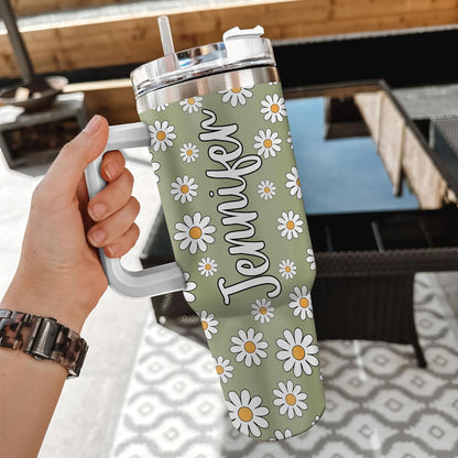 Daisy Flower Pattern Tumbler 40oz with Handle & Straw – Personalized Stainless Steel Insulated Cup with Lid – Stylish Gift for Floral Lovers