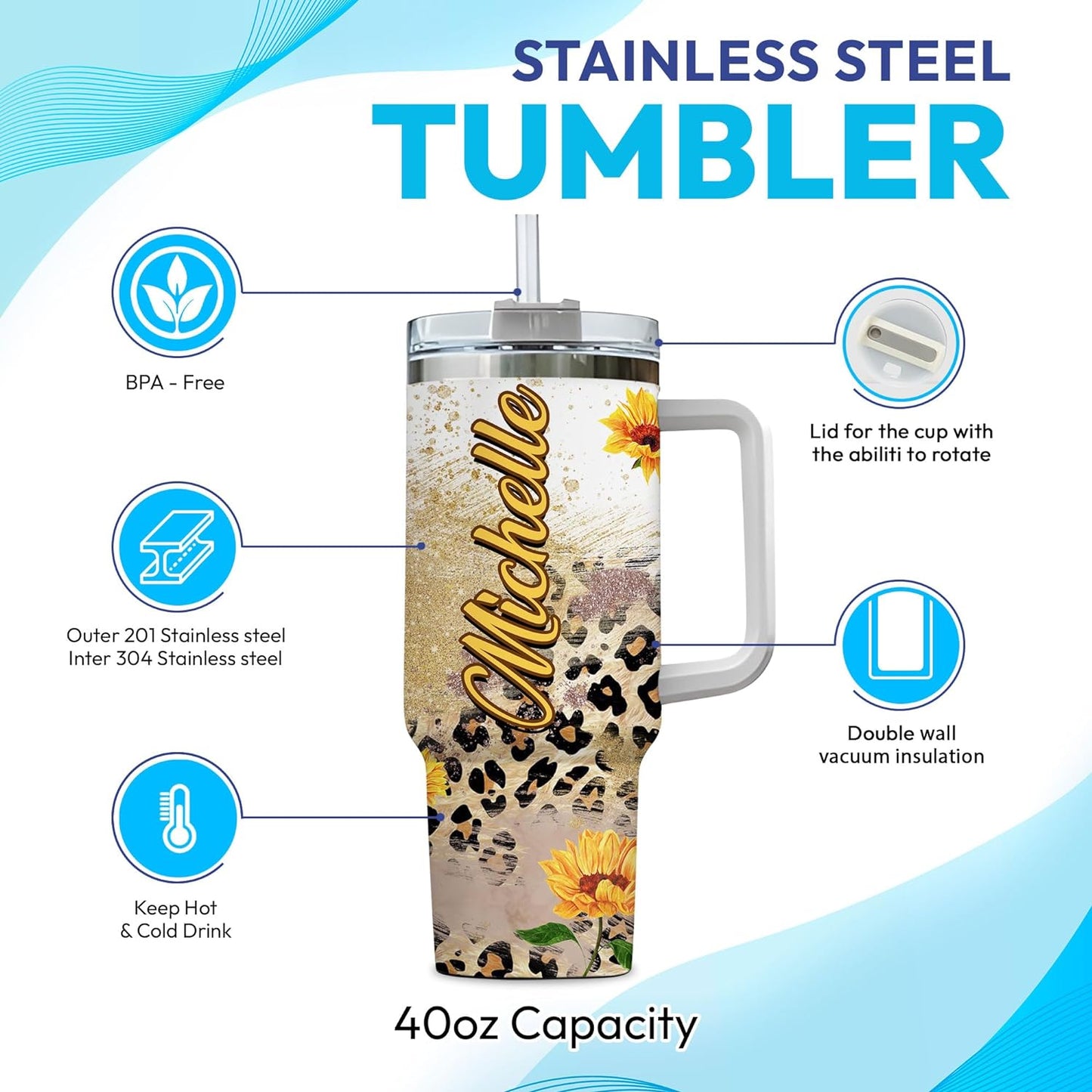 Sunflower Highland Cow Tumbler 40oz with Handle & Straw – Personalized Stainless Steel Travel Cup with Lid – Creative Gift for Animal Lovers