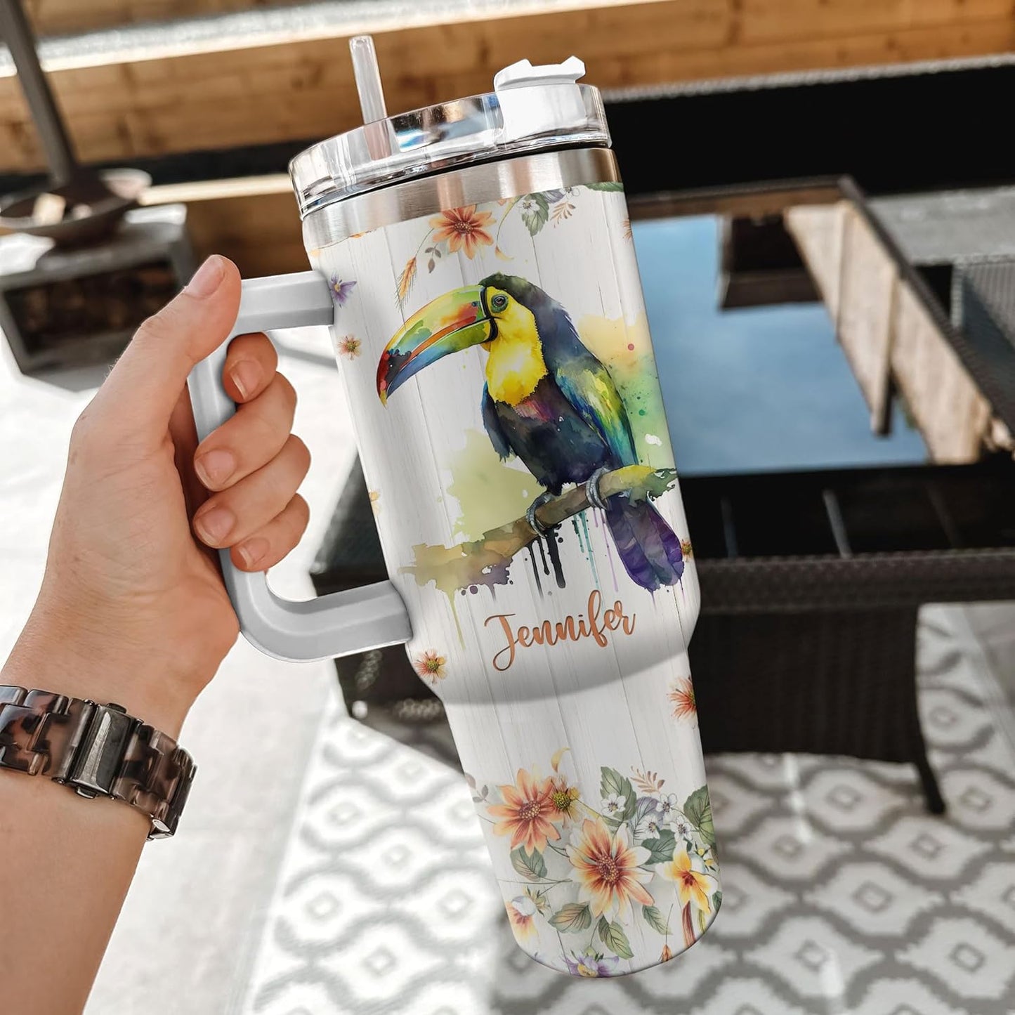 Toucan Tumbler 40oz – Personalized Stainless Steel Insulated Travel Cup with Handle & Straw – Tropical Bird Coffee Mug Gift for Women