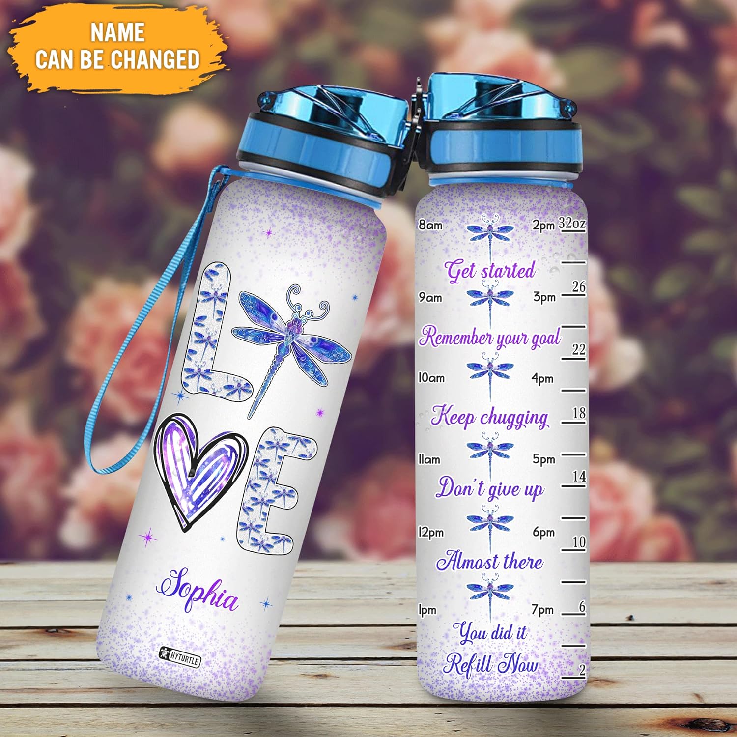 Love Purple Dragonfly - Personalized Water Tracker Bottle 32oz