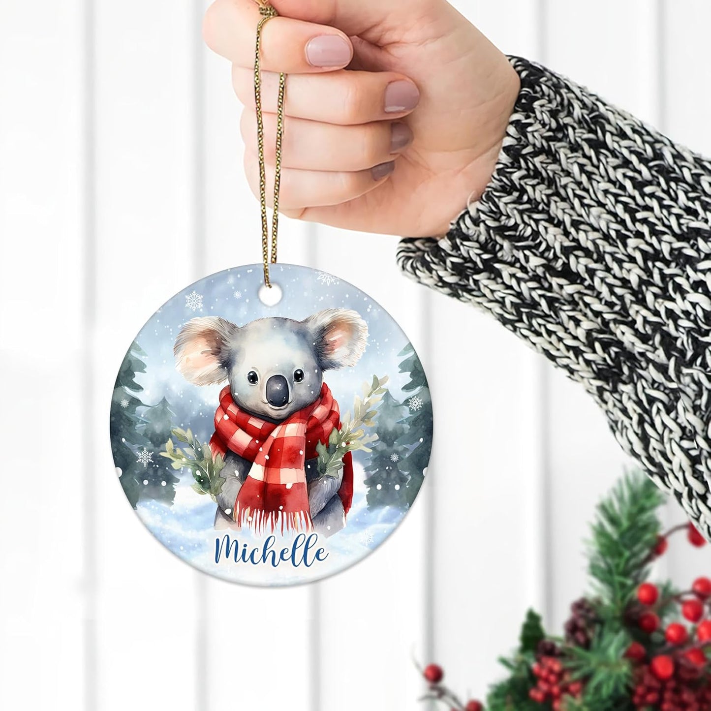 Koala in Scarf Winter Forest Ceramic Circle Ornament – Personalized Christmas Gift for Koala Lover, Wildlife Fan or Nature-Themed Decor