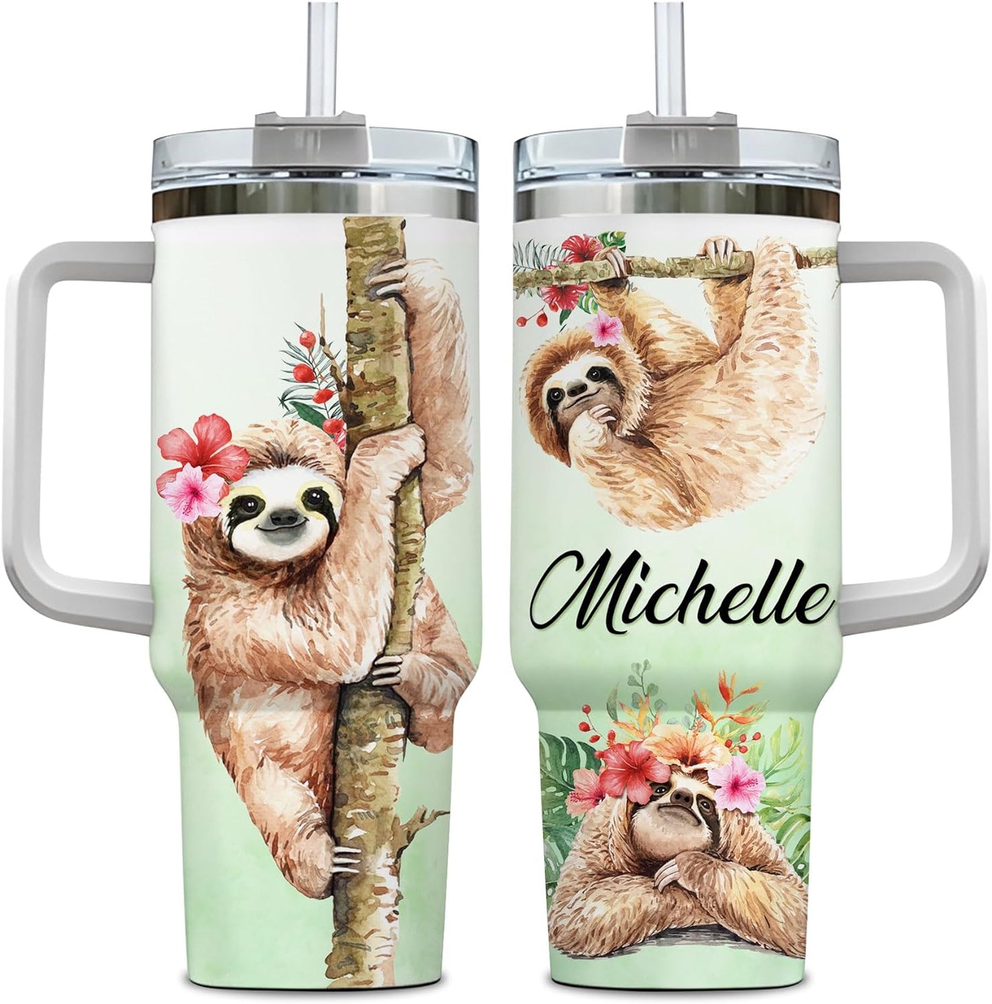 Tropical Sloth Tumbler 40oz with Handle & Straw – Personalized Stainless Steel Insulated Travel Cup with Lid – Cute Gift for Sloth Lovers