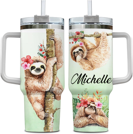 Tropical Sloth Tumbler 40oz with Handle & Straw – Personalized Stainless Steel Insulated Travel Cup with Lid – Cute Gift for Sloth Lovers
