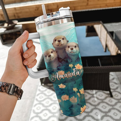 Cute Otter Tumbler 40oz with Handle & Straw – Personalized Stainless Steel Insulated Travel Cup with Lid – Adorable Gift for Otter Lovers