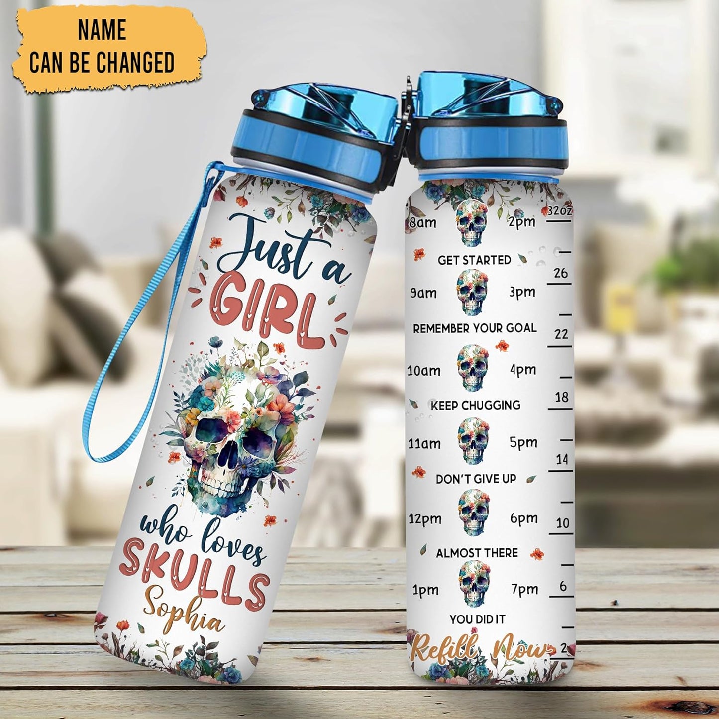 Gothic Skull Water Bottle Tracker 32oz – Personalized Motivational Bottle with Time Marker – Creative Gift for Skull Lovers