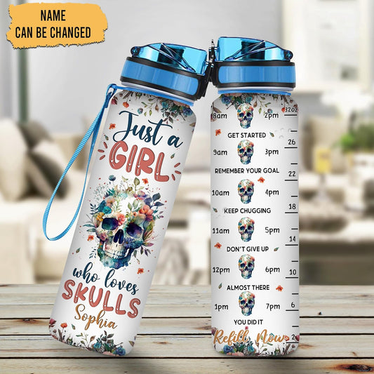Gothic Skull Water Bottle Tracker 32oz – Personalized Motivational Bottle with Time Marker – Creative Gift for Skull Lovers