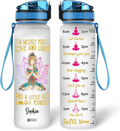 Peace & Light Yoga Water Bottle Tracker 32oz – Personalized Hydration Bottle with Time Marker – Inspiring Gift for Yoga Lovers