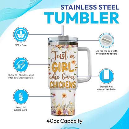 Chicken Floral 40oz Tumbler with Handle & Straw – Personalized Stainless Steel Insulated Travel Cup with Lid – Unique Gift for Farm Animal Lovers