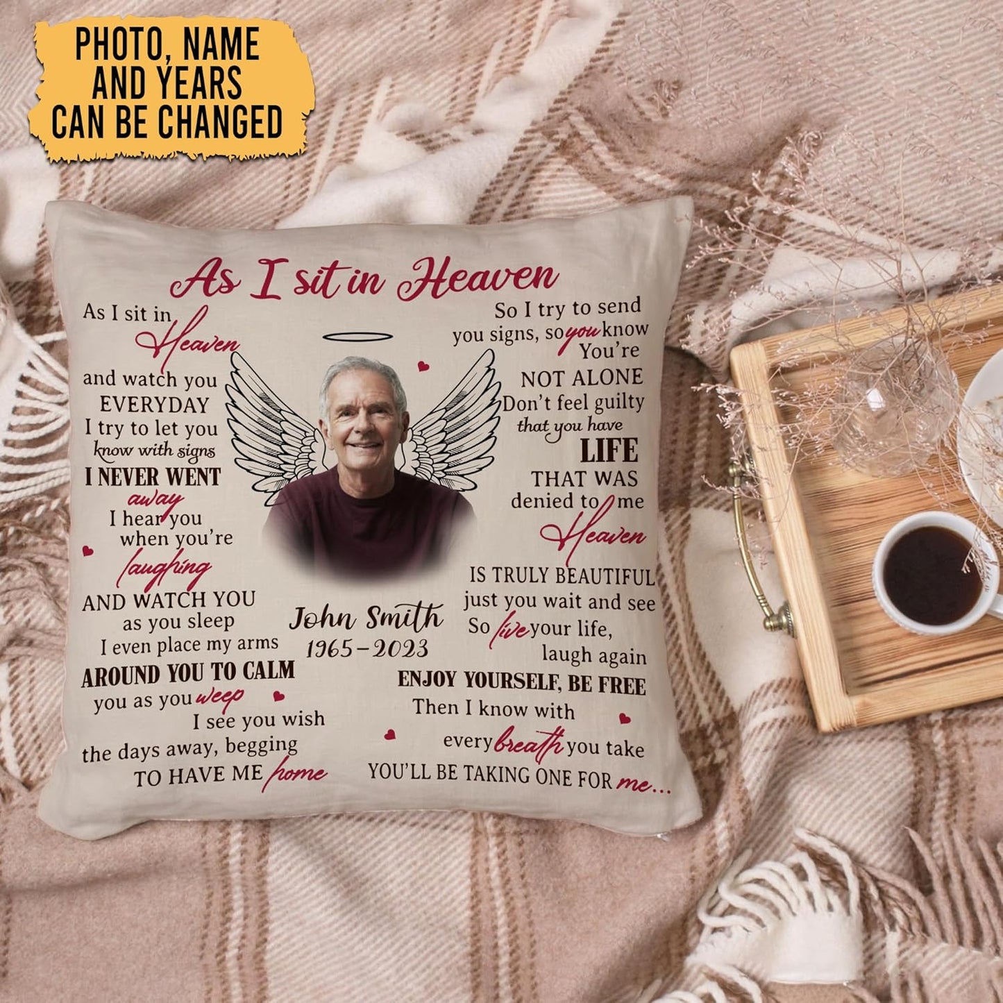 Personalized “As I Sit in Heaven” Memorial Pillow with Insert – Custom Photo Remembrance Gift – Sympathy Throw Pillow for Healing Comfort