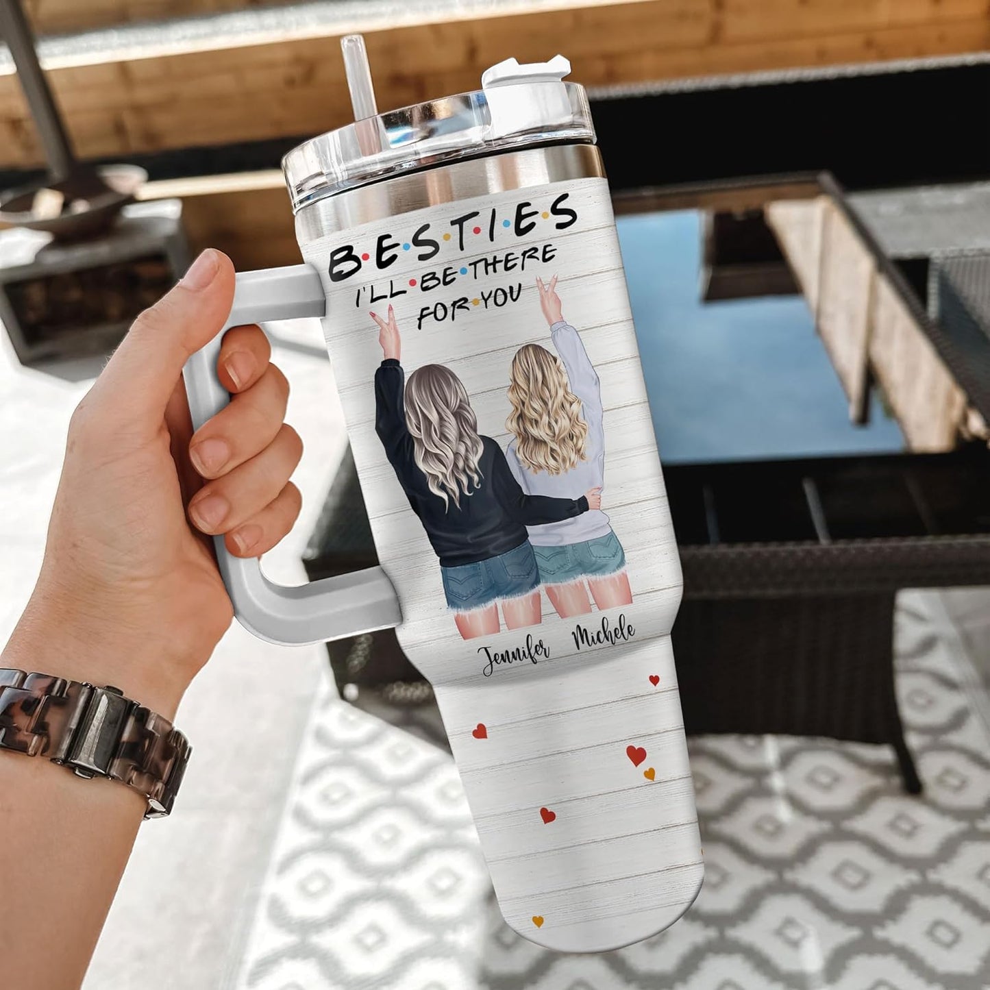 Bestie Friendship Tumbler 40oz with Handle & Straw – Personalized Stainless Steel Insulated Travel Cup with Lid – Heartwarming Gift for Best Friends