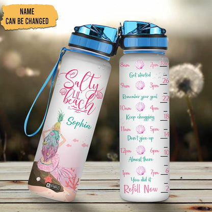 Salty Lil’ Beach Mermaid Water Bottle Tracker 32oz – Personalized Hydration Bottle with Time Marker – Fun Gift for Mermaid Lovers