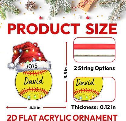 Softball Santa-Hat Cut Acrylic Ornament – Personalized Christmas Gift for Player, Team or Coach, Sports Tree Decor for Girls and Women