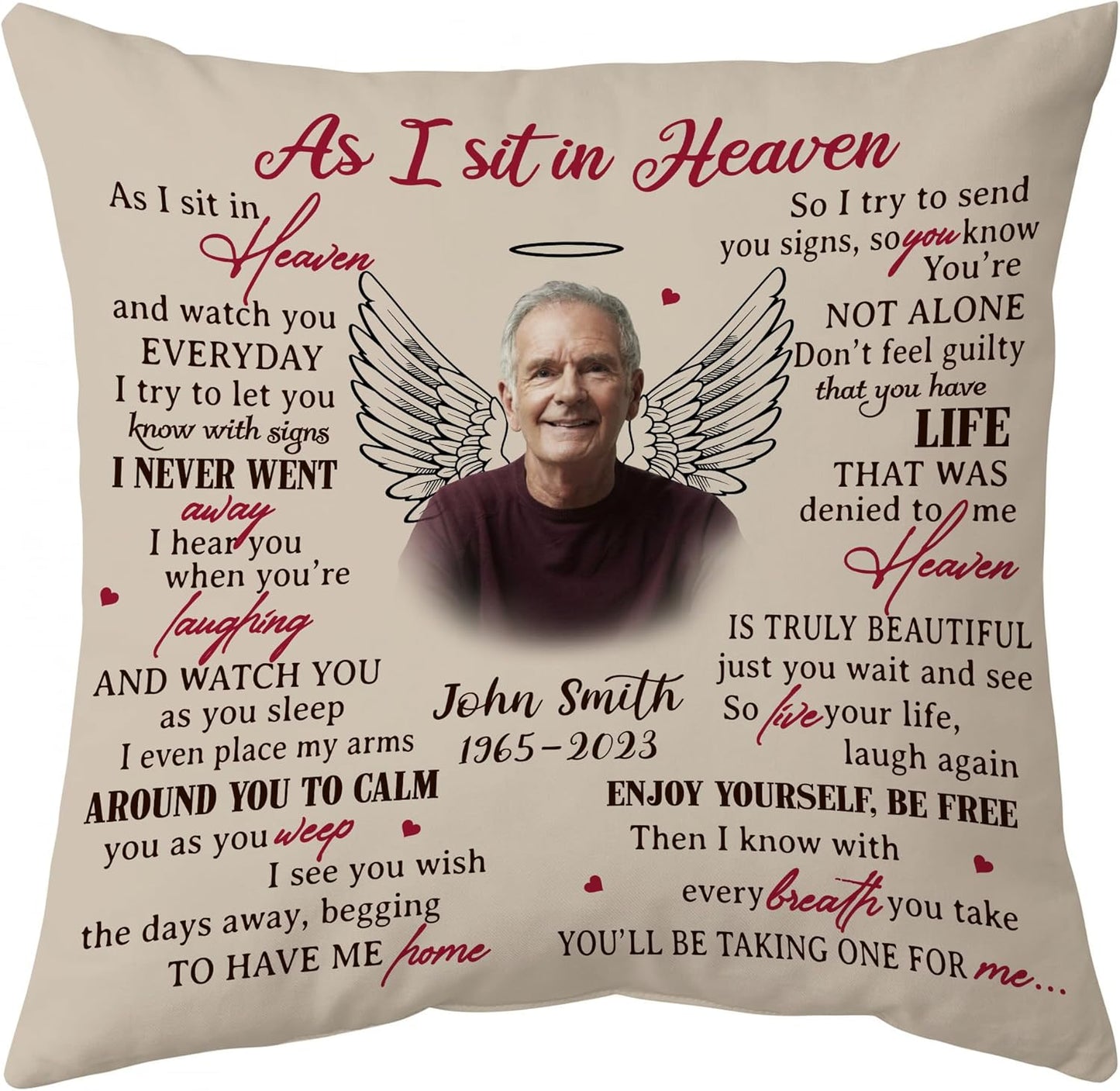 Personalized “As I Sit in Heaven” Memorial Pillow with Insert – Custom Photo Remembrance Gift – Sympathy Throw Pillow for Healing Comfort