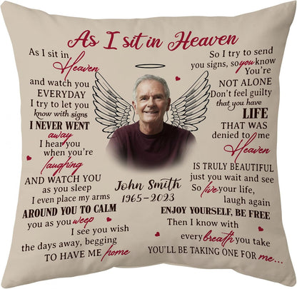 Personalized “As I Sit in Heaven” Memorial Pillow with Insert – Custom Photo Remembrance Gift – Sympathy Throw Pillow for Healing Comfort