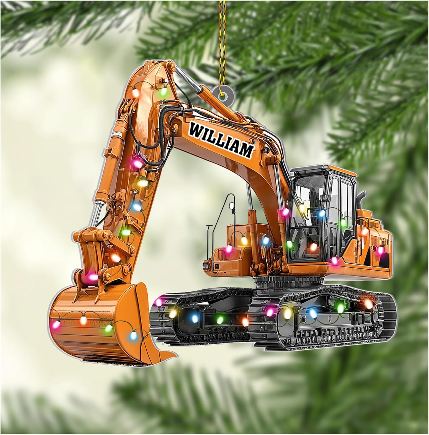 Excavator with string lights cut acrylic ornament – personalized 2D flat silhouette, custom name Christmas gift for operator, construction worker or contractor